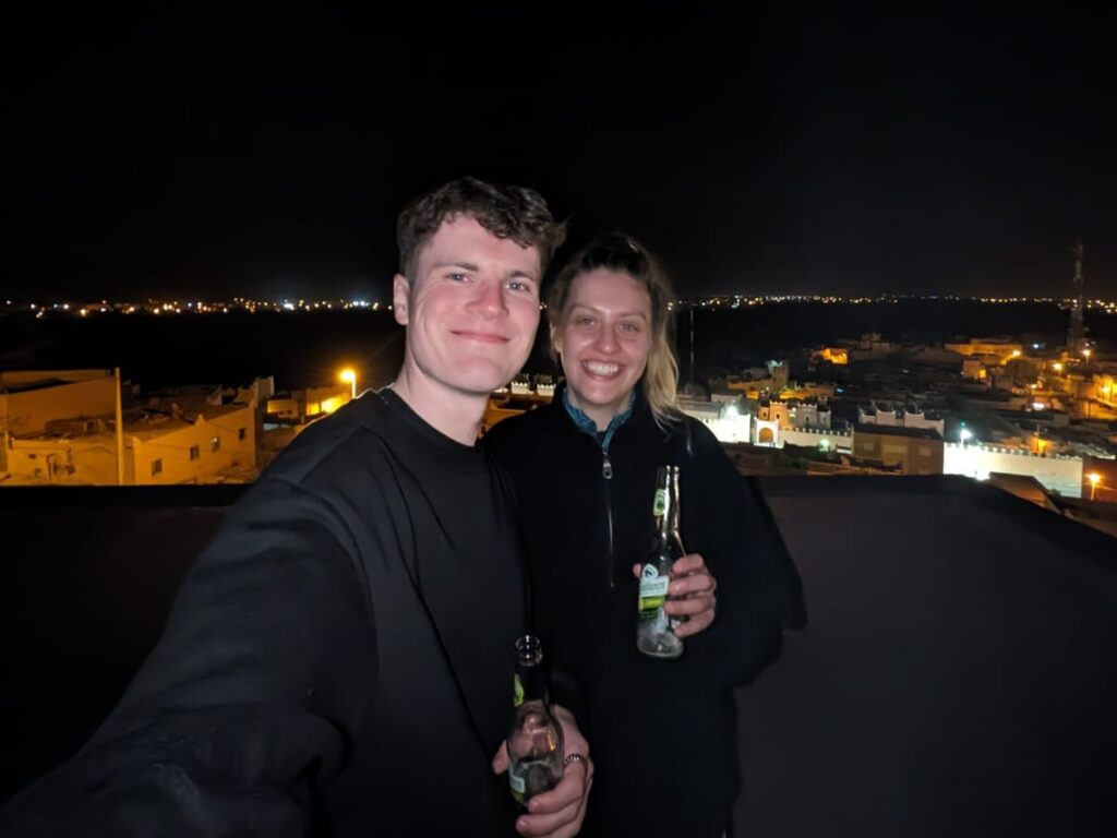 Us enjoying Casablanca beers on the balcony on the first night.
