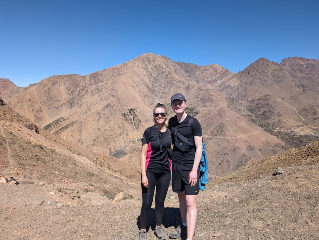 Faye and Freddie hiking in the Atlas Mountains.